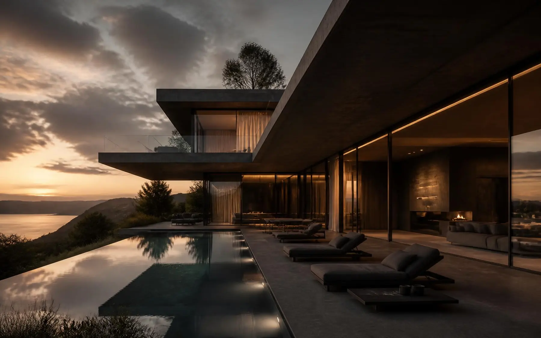 Zeitgenössische Villa mit Infinity-Pool bei Abenddämmerung